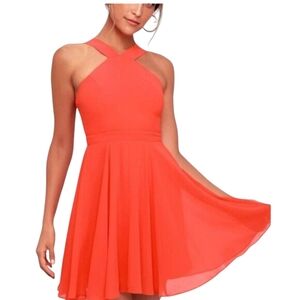 Lulu's Forevormore Orange Red Fit and Flare Halter Dress Chiffon Overlay Sz. S